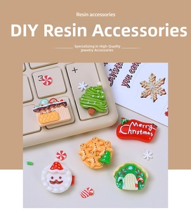 Close-up of colorful Christmas resin charms for DIY crafts like Santa and trees