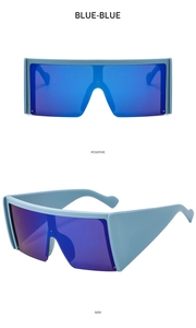 Detailed front and side views of oversized blue square semi-rimless flat top sunglasses