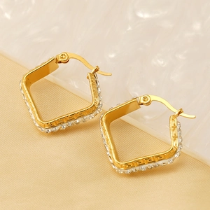 Gold plated square hoop earrings with greek key pattern and sparkling zircons