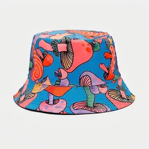 Detail of vibrant blue bucket hat with colorful psychedelic mushroom patterns