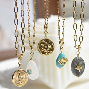 Vintage French Stainless Steel Necklace 18K Gold Plated Natural Stone Turquoise Artificial Baroque Pearl Detachable Pendant Jewelry