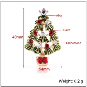Detail view of the colorful rhinestone Christmas tree brooch with dimensions and weight