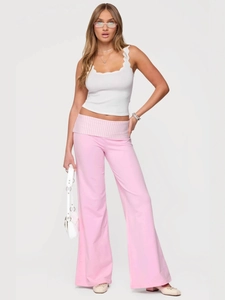 Women Fold Over Waist Wide Leg Flare Casual Pants Polyester Spandex Streetwear Y2K Long Trousers