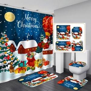 Christmas snowman bathroom set with shower curtain and non-slip rugs in deep blue