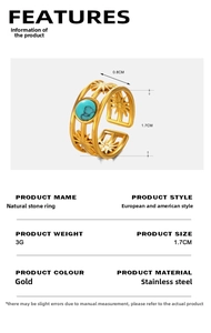 Macro detail of gold stainless steel sunburst ring featuring a round turquoise stone