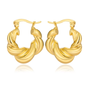 Detail showing twisted 18K gold plated stainless steel croissant hoop earrings for women