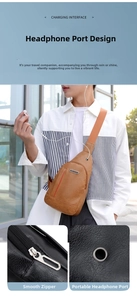 Detail of the men's PU leather bag featuring a functional headphone jack and smooth zipper