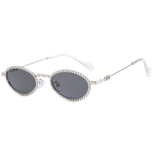 Oval rhinestone sunglasses with silver metal frames and dark grey lenses for women