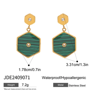 Waterproof gold-plated stainless steel hexagonal earrings with green faux malachite stones