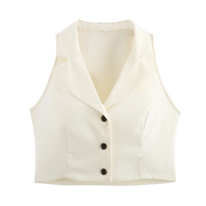 Elegant beige sleeveless blazer vest with notched lapel and dark buttons for women