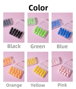 Macro detail of multi-colored 3-layer silicone earplugs set with portable storage boxes