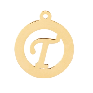 Close-up of golden hollow circular pendant featuring the letter T in stainless steel