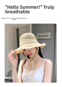 Detail of hollow-weave straw sun hat with delicate white lace trim and ribbons