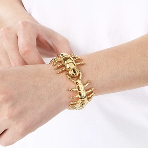 Men's titanium steel centipede bionic bracelet in bright gold with punk style design