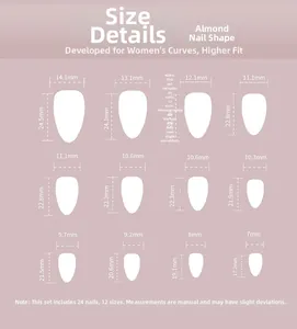 Detailed size chart for almond-shaped press-on nails including 12 specific dimensions