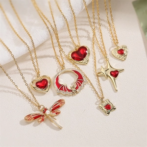 Vintage Red Enamel Heart Dragonfly Bat Star Cross Pendant Copper Necklace For Women Gold Plated Rhinestone Jewelry