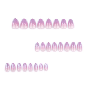 Short almond press-on nails with purple ombre gradient and sparkling silver glitter