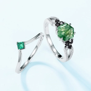 S925 silver stacking ring set featuring hexagonal moss agate and black spinel stones