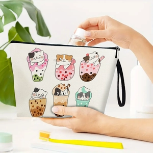 Canvas boba cat makeup bag with zipper closure and portable hand strap for travel storage