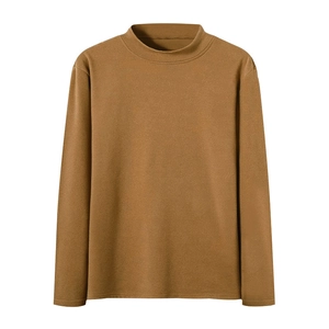 Men's thermal long sleeve undershirt with semi-high neck in khaki brown brushed fabric