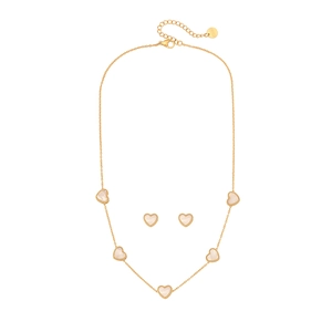 Golden stainless steel jewelry set with white heart pendants for elegant women