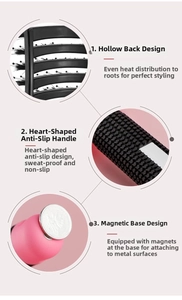 Detail of vented curved hair brush with heart-textured handle and magnetic base design