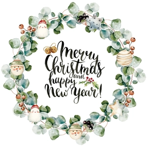 Watercolor Christmas wreath wall sticker with eucalyptus leaves, berries and gold bells