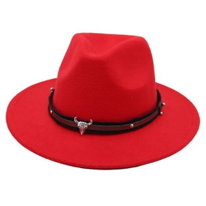 Red wool fedora hat with a silver steer skull buckle and double decorative bands