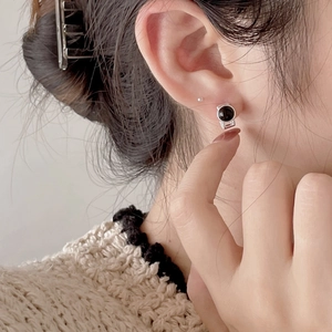 925 Sterling Silver Black Agate Stud Earrings French Vintage Twisted Rope Round Geometric Minimalist Jewelry For Women