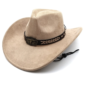 Khaki Western Cowboyhut aus Wildlederimitat mit Lederband und Bullenkopf-Metallschnalle