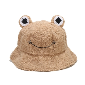 Cute khaki frog bucket hat made of warm plush fabric with soft 3D eyes for winter
