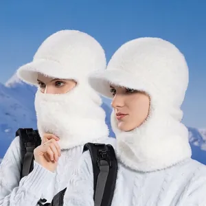 Bonnet D'Hiver Et Écharpe Intégrés Pour Femmes Avec Masque Coupe-Vent Peluche Chaude Avec Visière Pour Le Ski Et Le Plein Air
