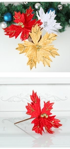 Detail of glittered red artificial poinsettia flower for Christmas tree and wreath decor