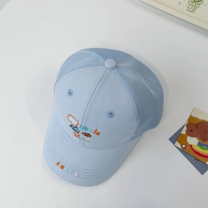 Detail of light blue mesh kids baseball cap featuring cute fish embroidery on the front