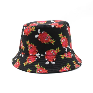 Reversible bucket hat with cartoon pitaya fruit print on high-quality black canvas