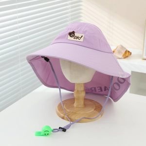 Close-up of purple kids sun hat featuring bear patch, mesh neck flap and green whistle