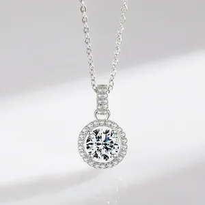S925 sterling silver halo necklace with brilliant round cut cubic zirconia on grey background
