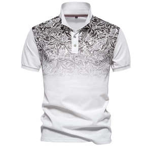 Men's white polo shirt featuring black tropical floral print and gradient design