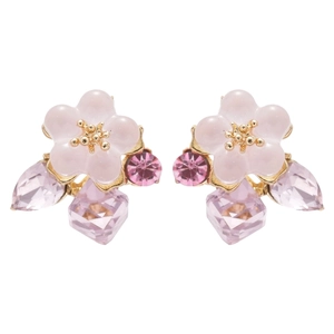 Elegant silver needle flower earrings with pink crystal petals and golden metal trim