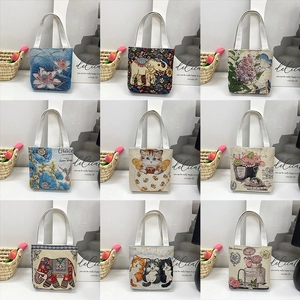 Small Canvas Tote Bag Woven Tapestry Handbag With Embroidery Floral Elephant Pattern Casual Daily Fashion For Women