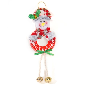 Christmas snowman hanging ornament with Feliz Navidad text and gold bells on white background