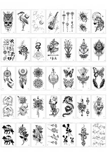 Grid view showcasing 35 minimalist black and white waterproof tattoo designs with floral motifs