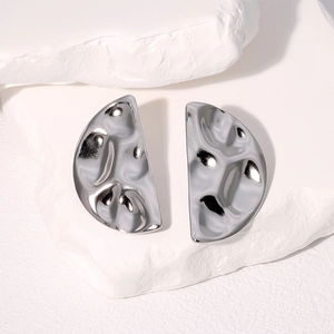 Minimalist silver geometric semicircular earrings with irregular liquid metal texture