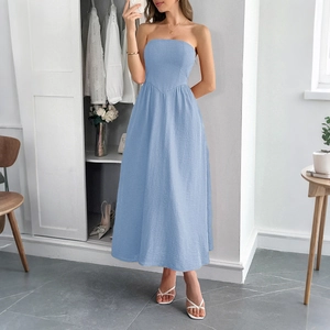 Elegant strapless blue A-line midi dress for women featuring a minimalist summer style
