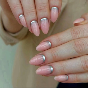 Almond Press On Nails Elegant Nude Gray French Tip Glossy Full Cover Wearable Fake Nails For Women Daily Manicure