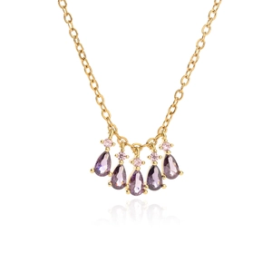 Gold necklace featuring five pear-shaped purple stones with pink round accents on chain