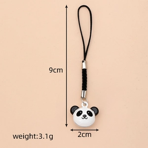 Detailed size and weight specs of a cute panda bell pendant with black braided cord