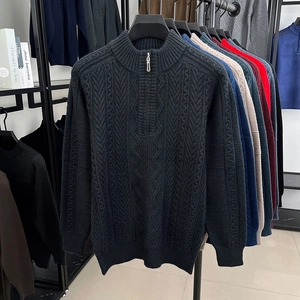 Detail of men's black cable knit sweater with stand collar and zipper texture