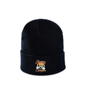 Detail of black knit beanie featuring Happy Camper outdoor patch with tent and mountains
