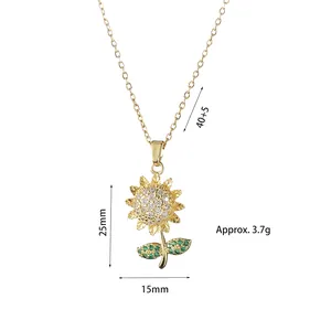 Elegant gold sunflower necklace with sparkling white and green gemstones for women